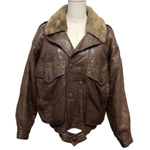 Vintage Rue Royale Paris Leather Aviator Bomber Jacket with Faux Fur Collar - M